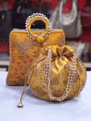 Yellow Colored Sequin Worked Pearl Chained Potli Bag With Handbag 1