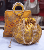 Yellow Colored Sequin Worked Pearl Chained Potli Bag With Handbag