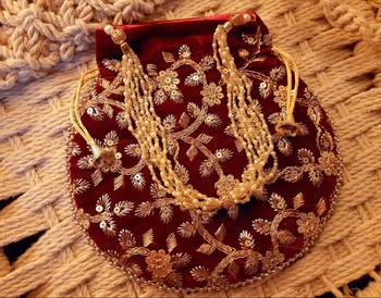 Maroon Colored Sequin Worked Pearl Chained Potli Bag 1