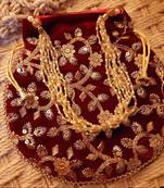 Maroon Colored Sequin Worked Pearl Chained Potli Bag