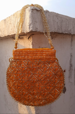 Orange Colored Sequin Worked Pearl Chained Potli Bag 2