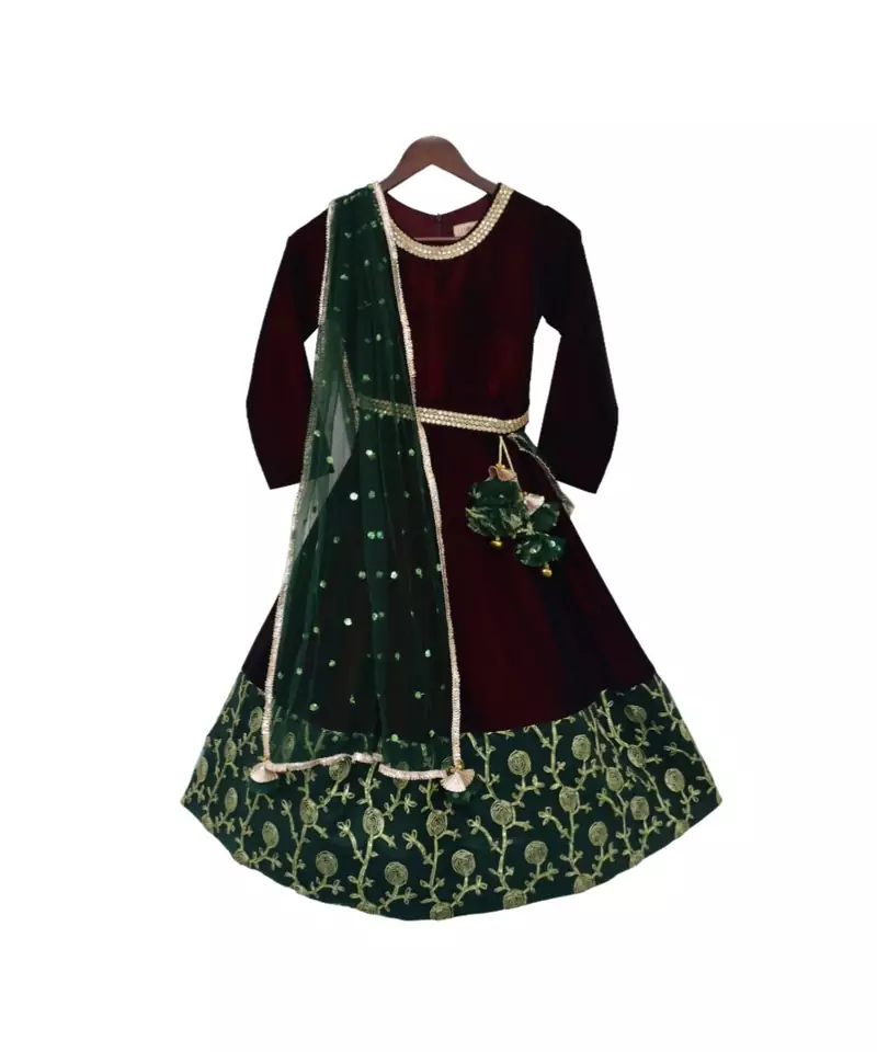Maroon Velvet Anarkali with Green Border