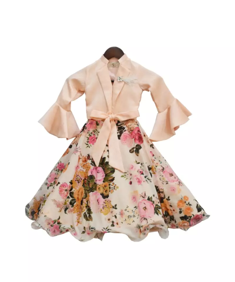 Peach Tie Knotte Top with Floral Print Lehenga