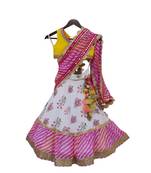 Yellow Choli with White Print Lehenga and Pink Leheriya Dupatta
