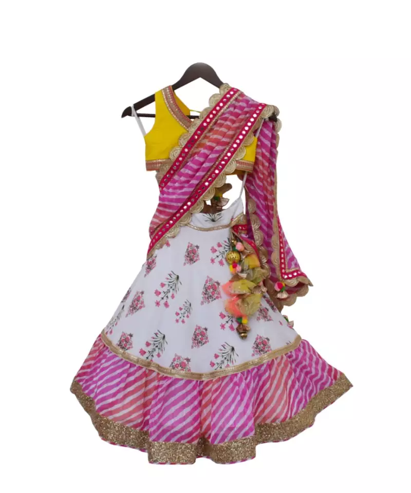 Yellow Choli with White Print Lehenga and Pink Leheriya Dupatta
