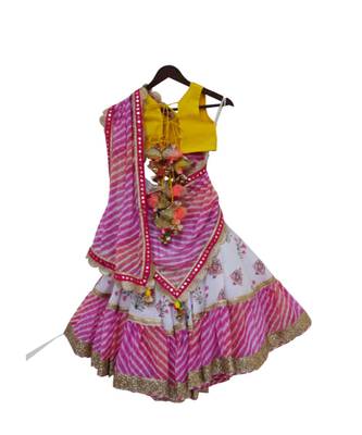 Yellow Choli with White Print Lehenga and Pink Leheriya Dupatta 2