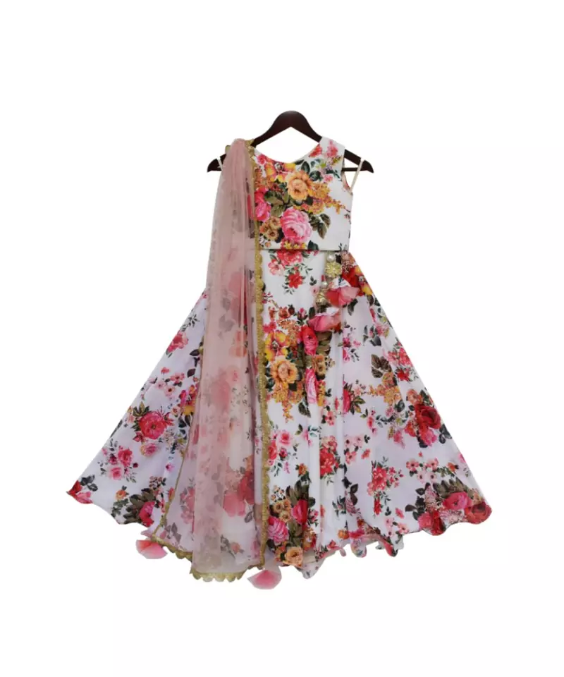 White Floral Printed Lehenga Choli with Pink Dupatta