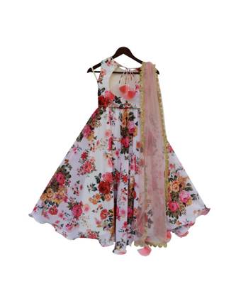 White Printed Lehenga With Choli And Net Dupatta  2