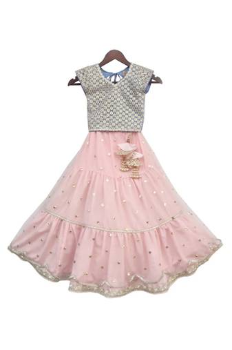 Blue Choli with Pink Boti net Lehenga