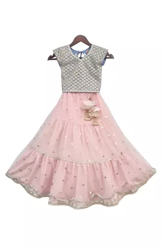 Blue Choli with Pink Boti net Lehenga