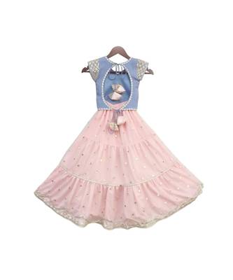 Blue Choli with Pink Boti net Lehenga 2