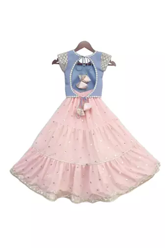 Blue Choli with Pink Boti net Lehenga