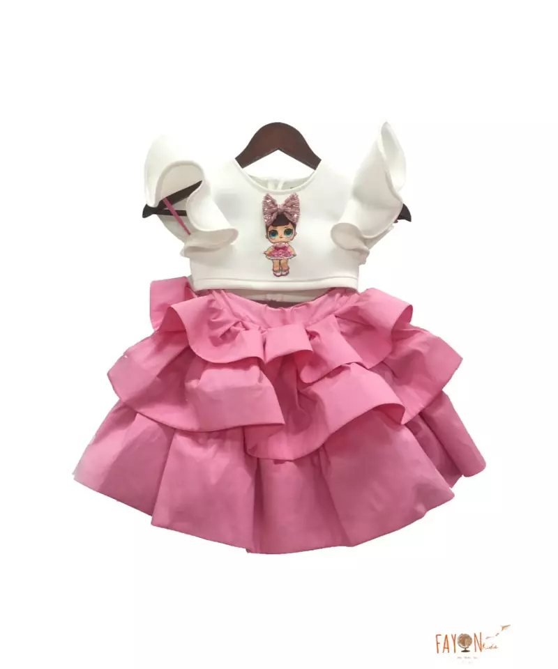 Doll Emblem Crop top with Pink Skirt