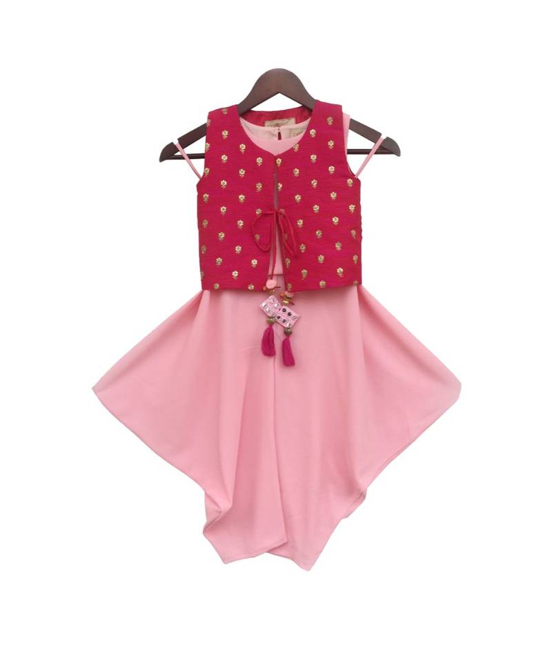 Pink Top and Dhoti with Hot Pink Jacket