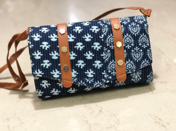 Navy Blue Colored Handblock Printed Sling Bag With Belt 1