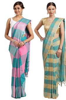Multicolor woven blended cotton saree with blouse