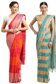 Multicolor woven blended cotton saree with blouse