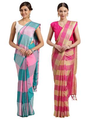 Multicolor woven blended cotton saree with blouse 1