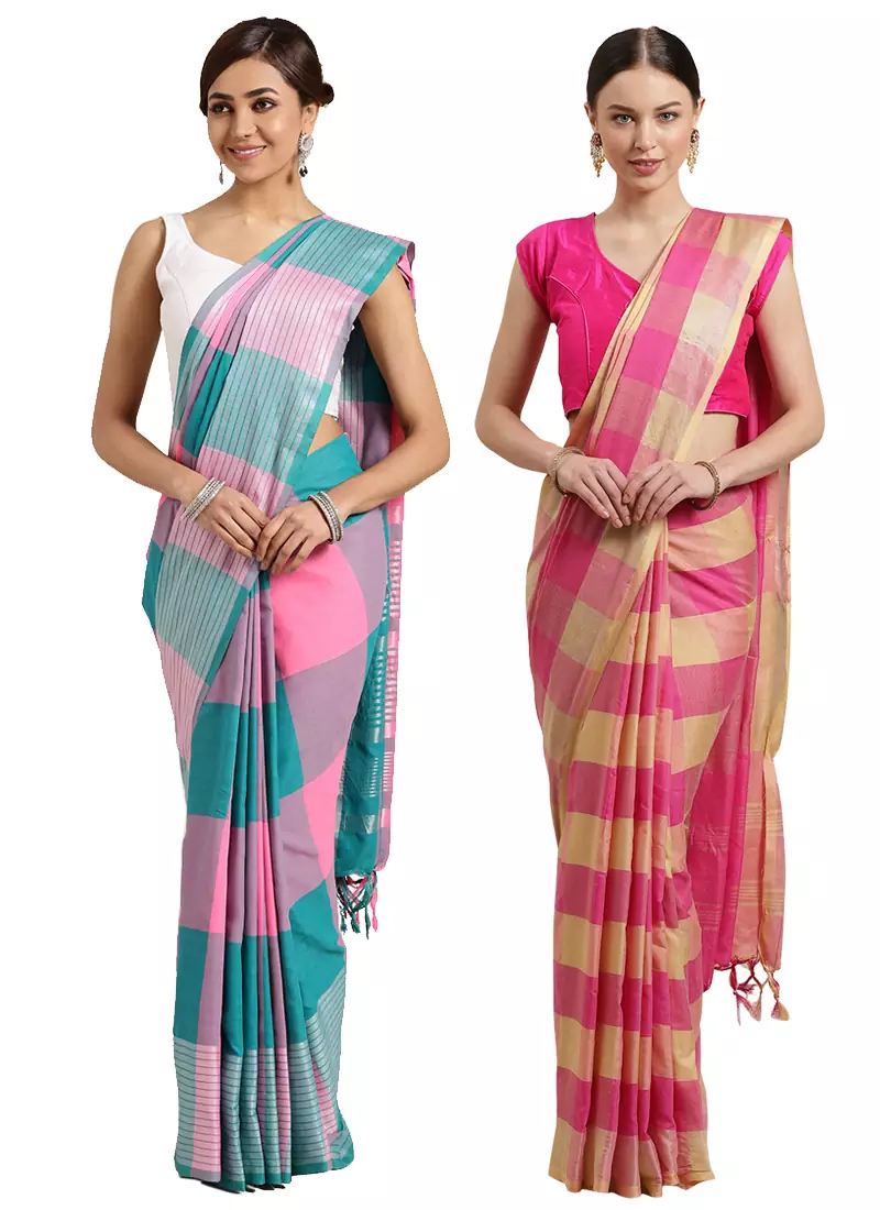 Multicolor woven blended cotton saree with blouse