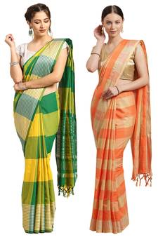 Multicolor woven blended cotton saree with blouse