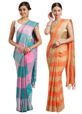 Multicolor woven blended cotton saree with blouse 1