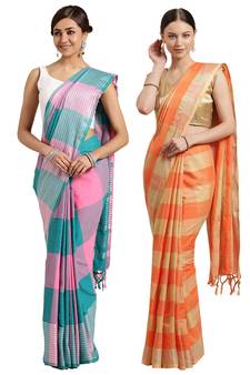 Multicolor woven blended cotton saree with blouse