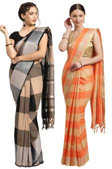 Multicolor woven blended cotton saree with blouse