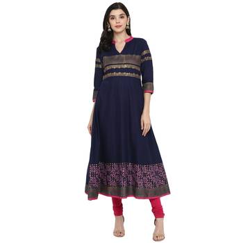 G COLLECTION Navy-blue printed cotton cotton-kurtis 1