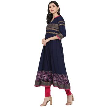 G COLLECTION Navy-blue printed cotton cotton-kurtis 4