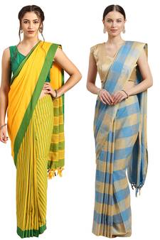 Multicolor woven blended cotton saree with blouse