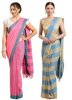 Multicolor woven blended cotton saree with blouse 1