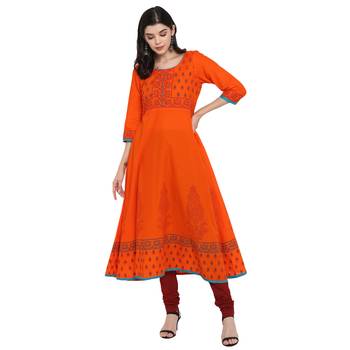 G COLLECTION Orange printed cotton cotton-kurtis 2