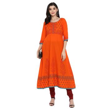 G COLLECTION Orange printed cotton cotton-kurtis 3