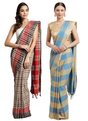 Multicolor woven blended cotton saree with blouse 1