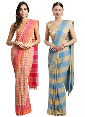 Multicolor woven blended cotton saree with blouse 1