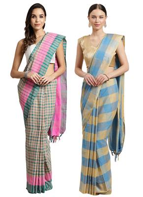 Multicolor woven blended cotton saree with blouse 1