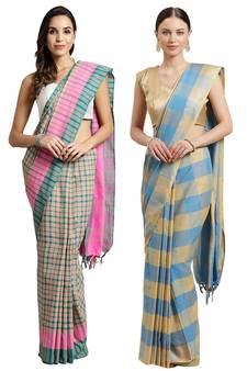 Multicolor woven blended cotton saree with blouse