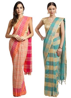 Multicolor woven blended cotton saree with blouse 1