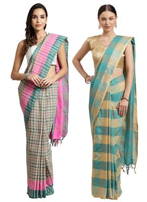 Multicolor woven blended cotton saree with blouse 1