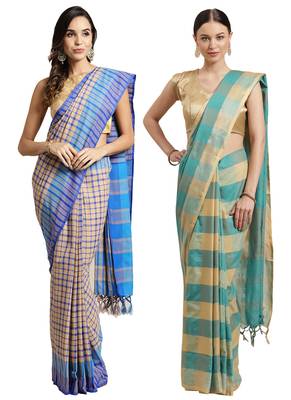 Multicolor woven blended cotton saree with blouse 1