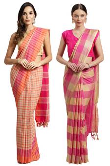 Multicolor woven blended cotton saree with blouse
