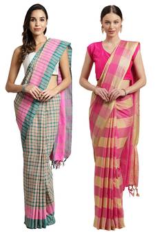 Multicolor woven blended cotton saree with blouse