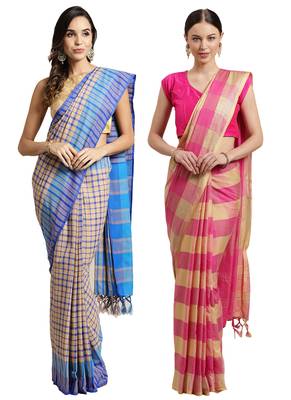 Multicolor woven blended cotton saree with blouse 1