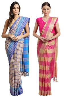 Multicolor woven blended cotton saree with blouse