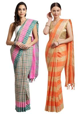 Multicolor woven blended cotton saree with blouse 1