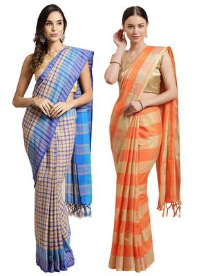 Multicolor woven blended cotton saree with blouse 1