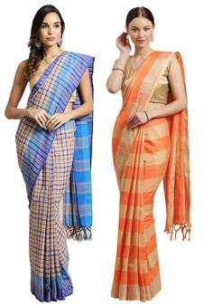 Multicolor woven blended cotton saree with blouse
