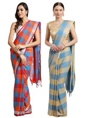 Multicolor woven blended cotton saree with blouse 1