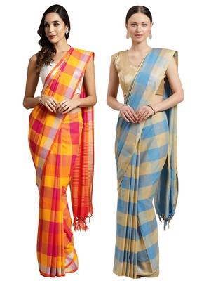 Multicolor woven blended cotton saree with blouse 1