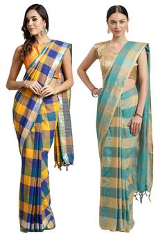 Multicolor woven blended cotton saree with blouse